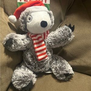 7” Holiday/Christmas Gray Sloth with Squeaker, Hat & Scarf